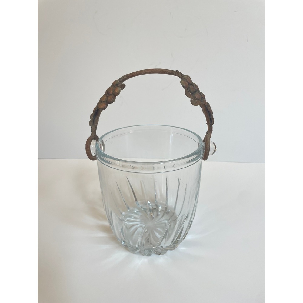 Vintage Clear Swirl Glass Ice Bucket with Grape & Vine Metal Handle  Barware